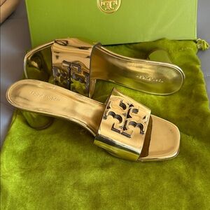 Tory Burch Gold Logo Slide Mules NWT